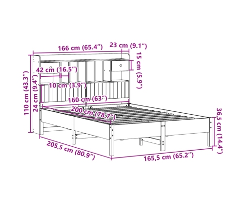 Cama con estantería sin colchón madera maciza blanca 160x200 cm