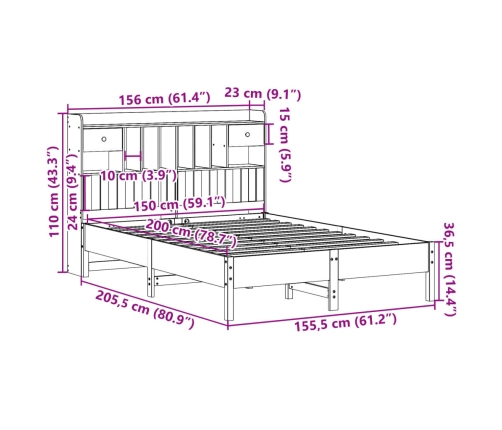 Cama con estantería sin colchón madera maciza marrón 150x200 cm