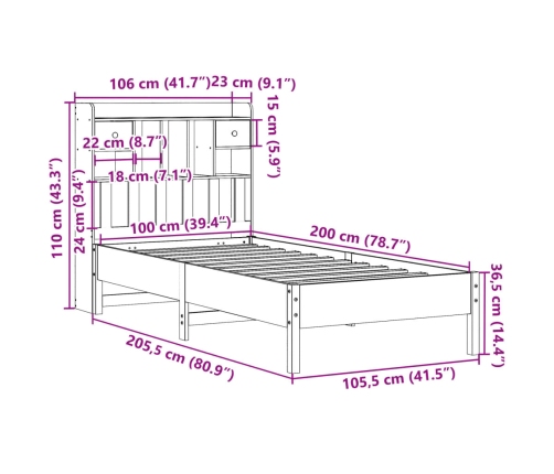 Cama con estantería sin colchón madera maciza de pino 100x200cm