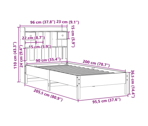 Cama con estantería sin colchón madera maciza de pino 90x200 cm