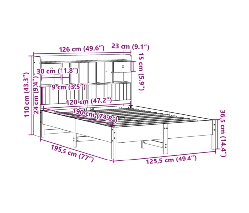 Cama con estantería sin colchón madera maciza marrón 120x190 cm