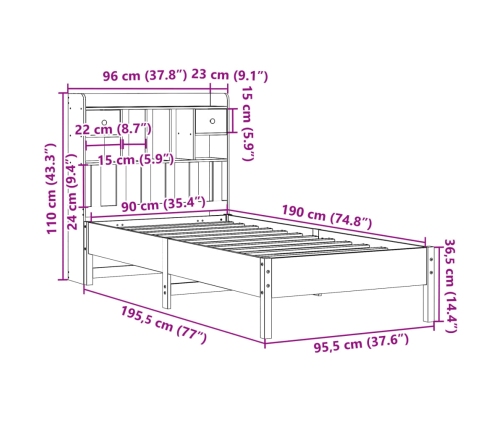 Cama con estantería sin colchón madera maciza de pino 90x190 cm