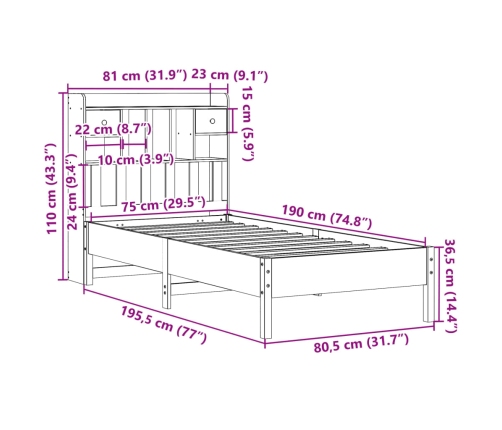 Cama con estantería sin colchón madera maciza blanca 75x190 cm