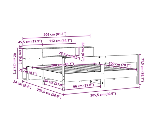 Cama con estantería sin colchón madera maciza de pino 200x200cm