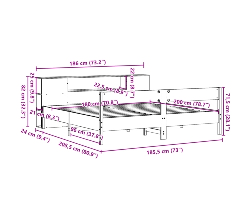 Cama con estantería sin colchón madera maciza de pino 180x200cm