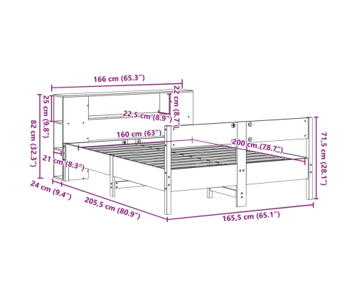 Cama con estantería sin colchón madera maciza de pino 160x200cm