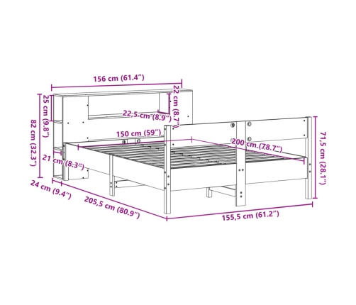 Cama con estantería sin colchón madera maciza blanca 150x200 cm