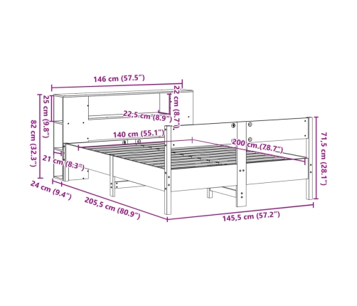 Cama con estantería sin colchón madera maciza de pino 140x200cm