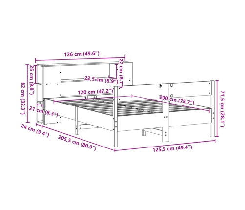 Cama con estantería sin colchón madera maciza de pino 120x200cm