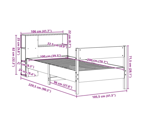 Cama con estantería sin colchón madera maciza de pino 100x200cm