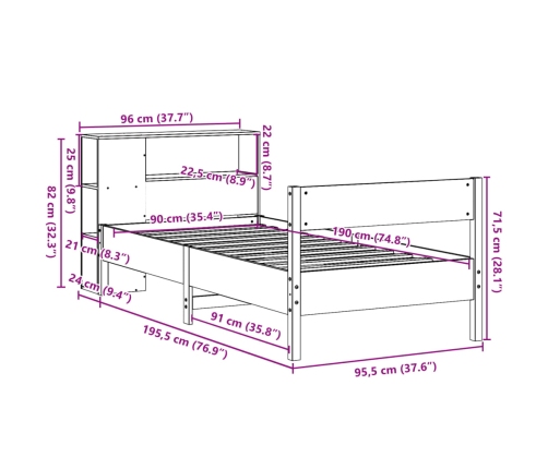 Cama con estantería sin colchón madera maciza de pino 90x190 cm