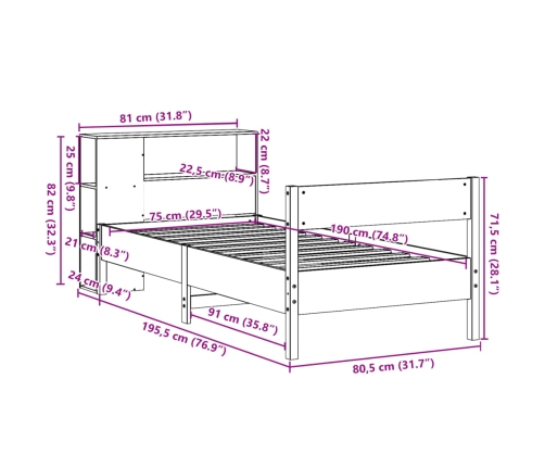 Cama con estantería sin colchón madera maciza de pino 75x190 cm