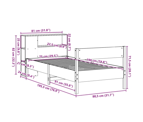 Cama con estantería sin colchón madera maciza marrón 75x190 cm