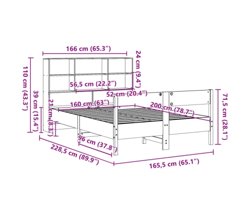 Cama con estantería sin colchón madera maciza de pino 160x200cm