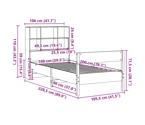 Cama con estantería sin colchón madera maciza de pino 100x200cm