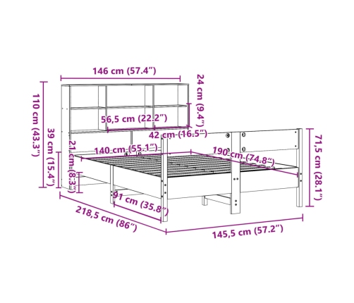 Cama con estantería sin colchón madera maciza blanca 140x190 cm