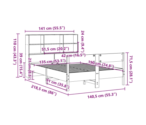 Cama con estantería sin colchón madera maciza de pino 135x190cm