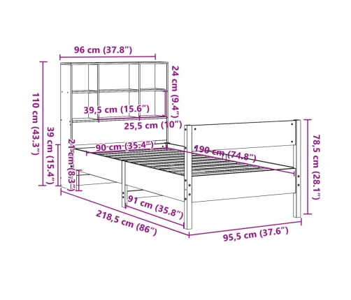 Cama con estantería sin colchón madera maciza marrón 90x190 cm