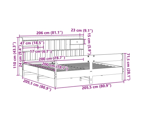 Cama con estantería sin colchón madera maciza blanca 200x200 cm