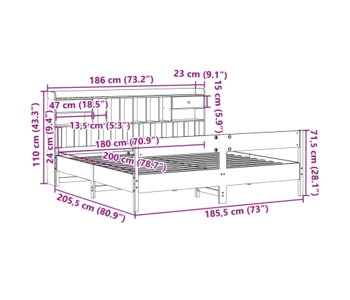 Cama con estantería sin colchón madera maciza de pino 180x200cm