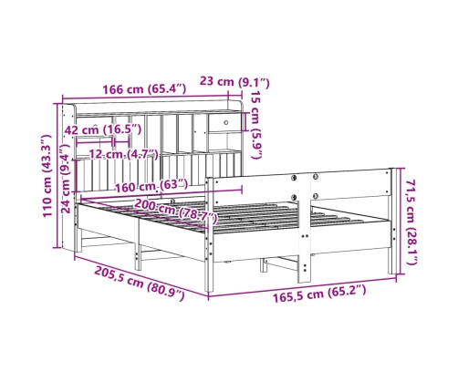 Cama con estantería sin colchón madera maciza blanca 160x200 cm