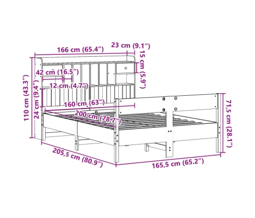 Cama con estantería sin colchón madera maciza marrón 160x200 cm