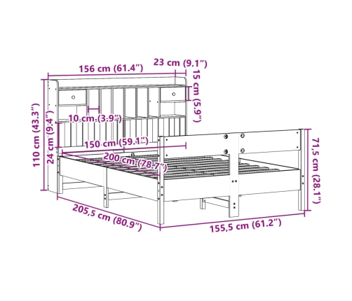 Cama con estantería sin colchón madera maciza de pino 150x200cm