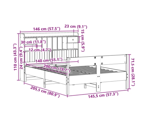 Cama con estantería sin colchón madera maciza marrón 140x200 cm