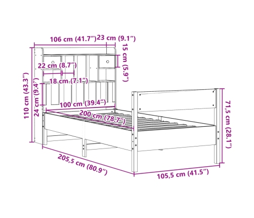 Cama con estantería sin colchón madera maciza de pino 100x200cm