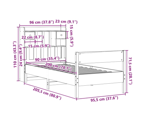 Cama con estantería sin colchón madera maciza de pino 90x200 cm