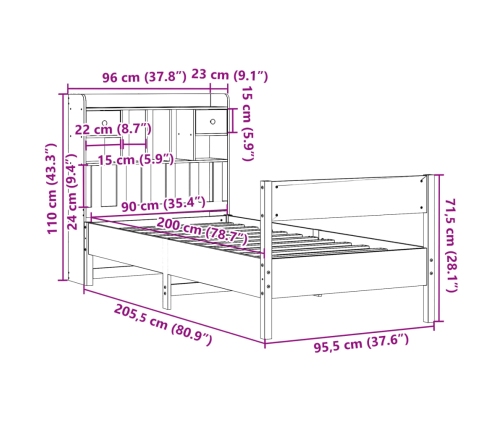 Cama con estantería sin colchón madera maciza blanco 90x200 cm