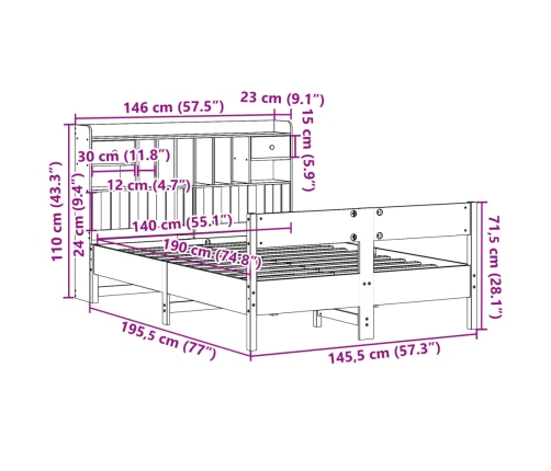 Cama con estantería sin colchón madera maciza de pino 140x190cm