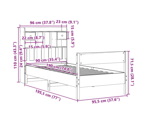 Cama con estantería sin colchón madera maciza de pino 90x190 cm