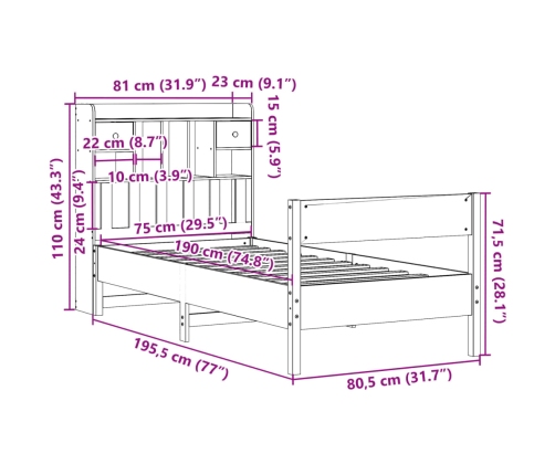 Cama con estantería sin colchón madera maciza de pino 75x190 cm