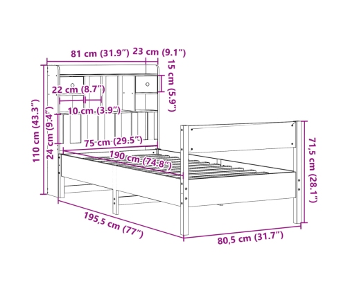 Cama con estantería sin colchón madera maciza marrón 75x190 cm