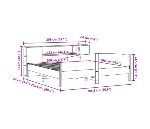 Cama con estantería sin colchón madera maciza blanca 200x200 cm