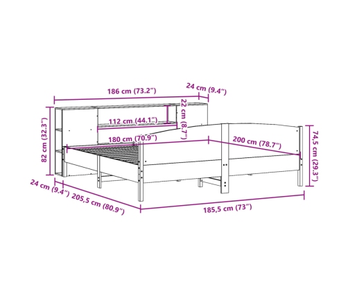 Cama con estantería sin colchón madera maciza de pino 180x200cm