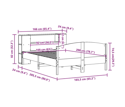 Cama con estantería sin colchón madera maciza marrón 160x200 cm