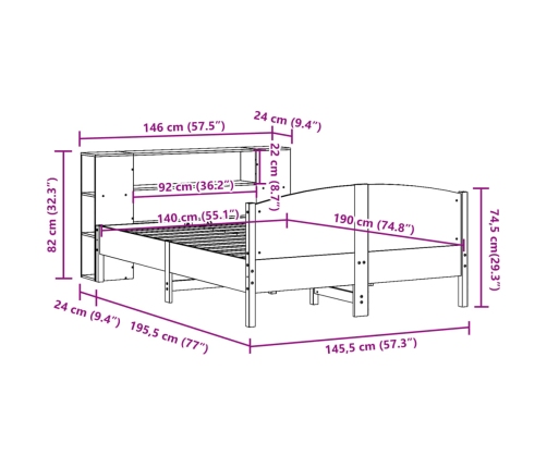 Cama con estantería sin colchón madera maciza de pino 140x190cm