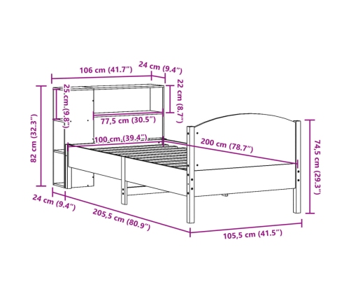 Cama con estantería sin colchón madera maciza blanca 100x200 cm