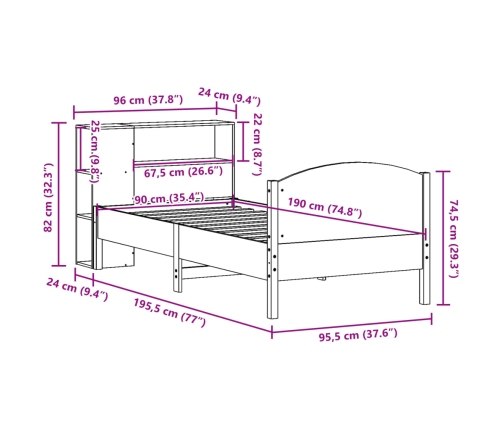 Cama con estantería sin colchón madera maciza marrón 90x190 cm