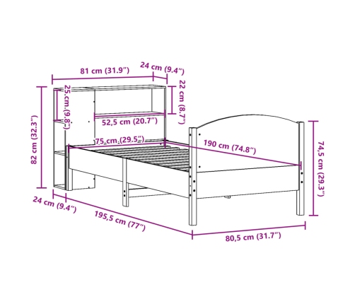 Cama con estantería sin colchón madera maciza de pino 75x190 cm