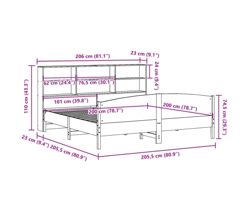 Cama con estantería sin colchón madera maciza marrón 200x200 cm