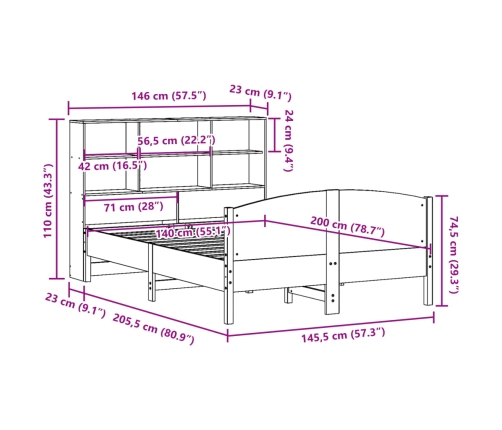 Cama con estantería sin colchón madera maciza de pino 140x200cm