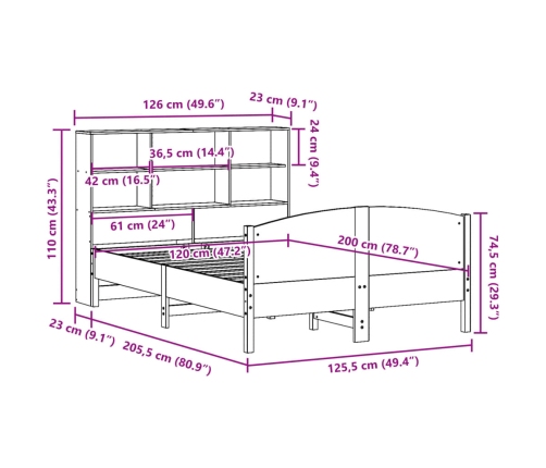 Cama con estantería sin colchón madera maciza de pino 120x200cm