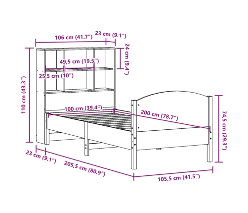 Cama con estantería sin colchón madera maciza marrón 100x200 cm