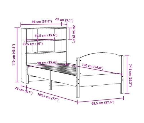 Cama con estantería sin colchón madera maciza marrón 90x190 cm