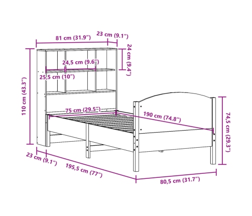 Cama con estantería sin colchón madera maciza de pino 75x190 cm