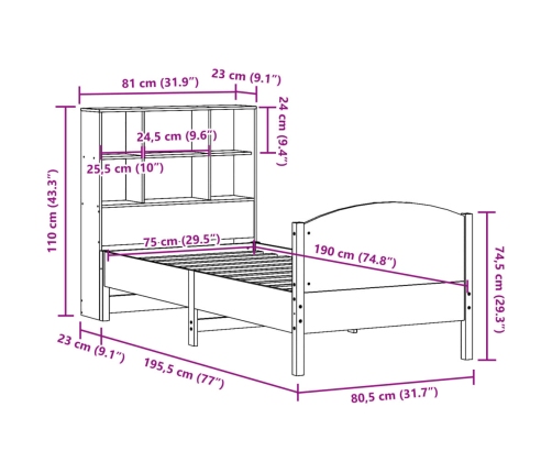 Cama con estantería sin colchón madera maciza marrón 75x190 cm