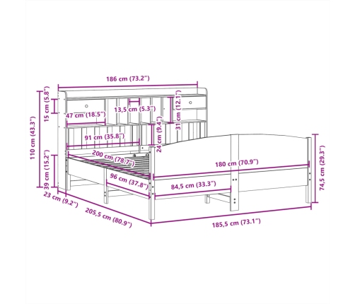 Cama con estantería sin colchón madera maciza de pino 180x200cm